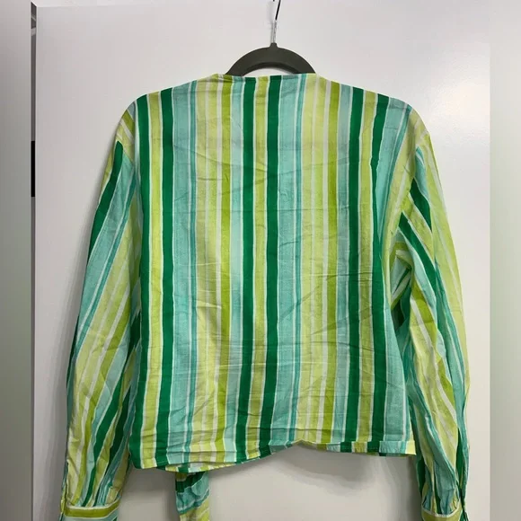 LN Zara stripe print wrap sash belt balloon sleeve top 9878/117 green large L - Picture 6 of 11